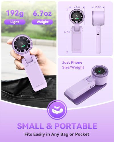 PlayHot Portable Handheld Turbo Fan, Travel Essentials, Gifts for Women/Men | 5-Speed, Up to 12H, 10m/s Airflow, USB-C Rechargeable, LED Display, 3-in-1 Foldable Personal Fan for Cruise, Beach, Vacation - color: Purple