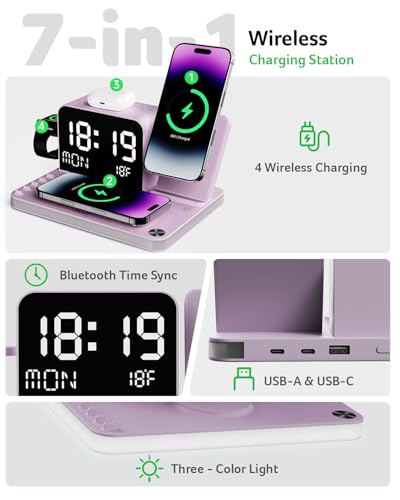 Acer 7-in-1 Wireless Charging Station with LED Clock - 30W Fast Wireless Charger for iPhone 16/15/14/13/12/Pro Max, Apple Watch, AirPods - Bluetooth Auto Time Sync & Night Lights (Purple) - color: Purple