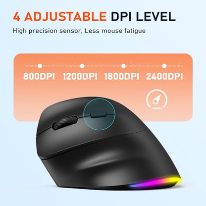 MEETION Left-Handed Ergonomic Mouse,Vertical RGB Mouse, Bluetooth 5.2 & 3.0 + 2.4G USB-A with USB-C Adapter, 4 Adjustable DPI Rechargeable Wireless Mouse for Windows/Mac/PC/Tablet/Black - color: Black
