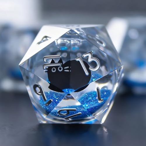 Liquid Core Dice,Cat DND Dice Set with Box,7Pcs Resin Dungeons Dragons D and D Dice, Sharp Edge Role Playing Game Dice D20 D12 D10 D8 D6 D4. (Blue) - color: Blue