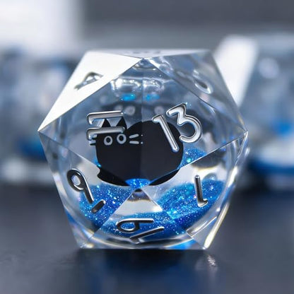 Liquid Core Dice,Cat DND Dice Set with Box,7Pcs Resin Dungeons Dragons D and D Dice, Sharp Edge Role Playing Game Dice D20 D12 D10 D8 D6 D4. (Blue) - color: Blue