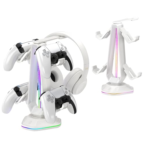 Saitake RGB Controller Stand with 9 Light Modes,Controller Holder with 2 USB Ports,Headset Stand for Desk-Headphone Holder Suitable for All Headphones and Controller (White) - color: White