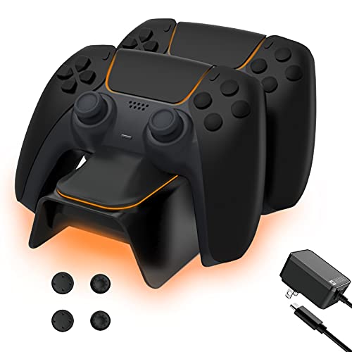 NexiGo Enhanced PS5 Controller Charger with Thumb Grip Kit, Fast Charging AC Adapter, DualSense Charging Station Dock for Dual PlayStation 5 Controllers with LED Indicator, Black - color: Black