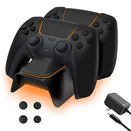 NexiGo Enhanced PS5 Controller Charger with Thumb Grip Kit, Fast Charging AC Adapter, DualSense Charging Station Dock for Dual PlayStation 5 Controllers with LED Indicator, Black - color: Black