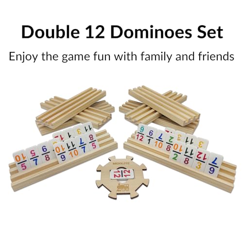 Mexican Train Dominoes Set with Numbers and 8 Wooden Racks, Double 12 Domino Travel Set with Wooden Hub, 91 Colored Domino Tiles Game Set with for Family Game Night - style: 8 Racks