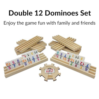 Mexican Train Dominoes Set with Numbers and 8 Wooden Racks, Double 12 Domino Travel Set with Wooden Hub, 91 Colored Domino Tiles Game Set with for Family Game Night - style: 8 Racks