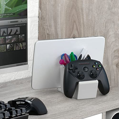 Desk Organizer with Game Controller Holder, Tablet Stand for iPads/iPhones, TV Remote & Pen Storage, Reduce Desktop Clutter, Have All Your Side Table Items in One Space (White) - color: Controller & Tablet White