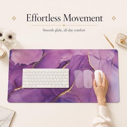 Purple Marble Desk Mat 35.4x15.7 Inch, Large Extended Mouse Pad with Gold Fluid Art Design, Non-Slip Water-Resistant Desk Pad for Women, Home Office & Aesthetic Setup - color: Purple Marble