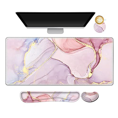 AIMSA Large Gaming Mouse Pad Set, Keyboard Wrist Rest Support Mouse Pad, Ergonomic Memory Foam Multifunctional Extended Desk Mat 35x15.7in Anti-Slip Rubber Base for Office Home, Pink Purple Marble - color: Pink Purple Marble