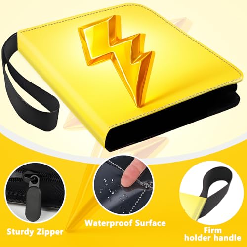 4 Pocket Trading Card Binder, Holds 400 Cards, PU Zipper Binder | PU leather cover, holds 400 cards, 50 removable pages, zipper closure, portable storage and protection. - color: Yellow lightning
