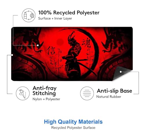 IMAYONDIA Japanese Samurai Large Gaming Mouse Pad for Laptop, Cool Anime Red Black Dragon Desk Mats, Computer Pad Desktop Mat for Gaming Player Office Extra Large Mousepad, 35.4x15.7 in - color: Japanese Samurai