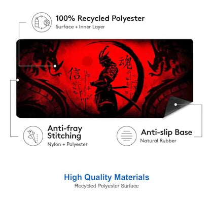 IMAYONDIA Japanese Samurai Large Gaming Mouse Pad for Laptop, Cool Anime Red Black Dragon Desk Mats, Computer Pad Desktop Mat for Gaming Player Office Extra Large Mousepad, 35.4x15.7 in - color: Japanese Samurai