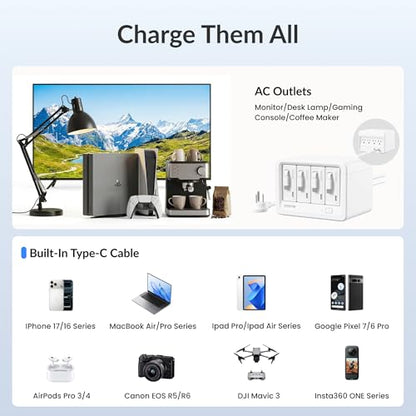 Gitryin 12-in-1 Desktop Modular Charging Station, 4 65W USB C Retractable Chargers with 33.5in Built-in Cables, ETL Surge Protector Charging Hub for Laptop, Phone, Tablet, Home Office Desk, White - color: White