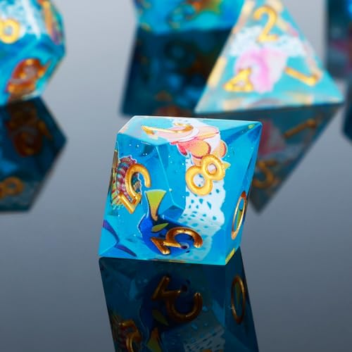 DND Dice Set 7-Pcs Sharp Edge Blue Marine Life Style Resin Dice Polyhedron Resin Sharp Edge dice Role-Playing Game RPG MTG Board Game (Marine Life - Golden) - color: Marine Life - Golden