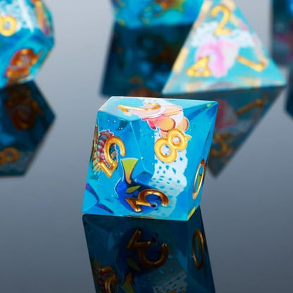 DND Dice Set 7-Pcs Sharp Edge Blue Marine Life Style Resin Dice Polyhedron Resin Sharp Edge dice Role-Playing Game RPG MTG Board Game (Marine Life - Golden) - color: Marine Life - Golden