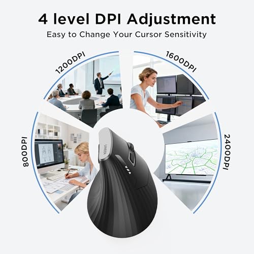 Uineer Vertical Ergonomic Mouse, Wireless Bluetooth Mouse, 3-Device,Quiet | Switch among 3 devices; side scroll wheel supports horizontal navigation for documents and spreadsheets. - color: Black