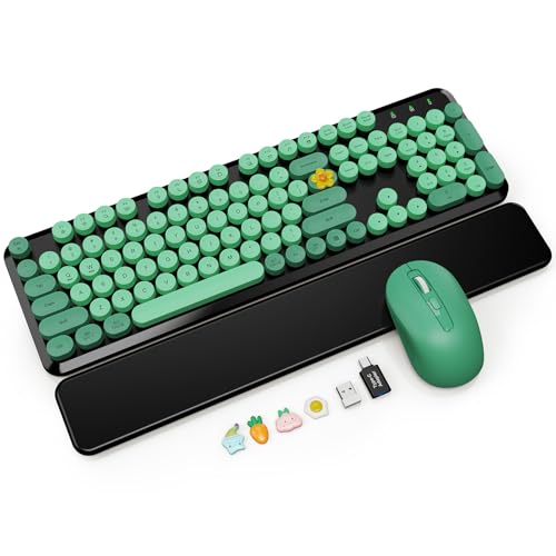 Wireless Keyboard and Mouse Combo with Magnetic Wrist Rest, Round Keycaps, Full-Size Retro Typewriter-Style Keyboard, Tilt Legs, Auto-Sleep, 2.4GHz Wireless for Windows PC Laptop, Forest Green & Black | Full-Size Typewriter Style, Tilt Legs, 2.4GHz Cordle