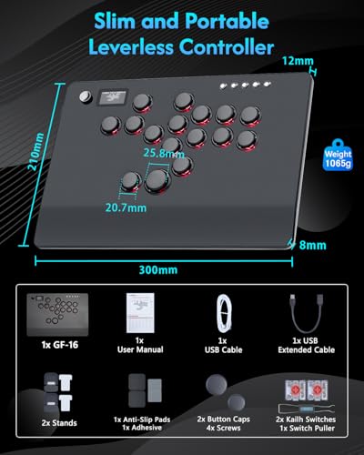 GuileKeys Leverless Controller Arcade Stick GF-16, Aluminium Alloy All-Button Arcade Controller for PS4/PS3/PC/Switch, Arcade Fight Stick with RGB/Turbo/Hot-Swap, Black