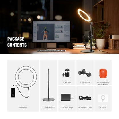 NEEWER 8" 18W High Power Desk Ring Light with Stand & Phone Holder, Circle Selfie Ringlight for iPhone Streaming Vlogging Recording, Video Conference Lighting Kit for Laptop Computer Zoom Call, RH8B