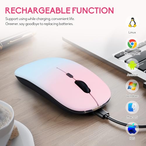 Wireless Bluetooth Mouse,LED Dual Mode Rechargeable Silent Slim Laptop Mouse,Portable(BT5.2+USB Receiver) Dual Mode Computer Mice,for Laptop,Desktop Computer,ipad Tablet,Phone,TV (Pollen blue) - color: Gradient Pollen blue