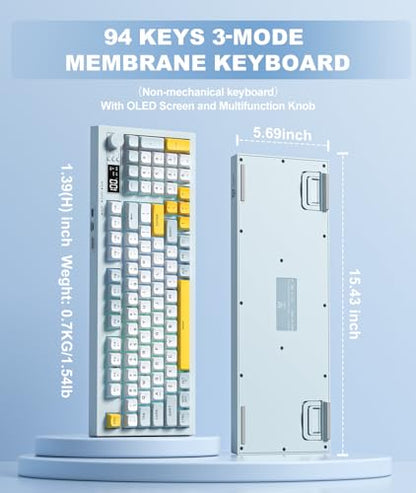 Tri-Mode Wireless Keyboard, BT/2.4G/Wired, Silent Membrane, RGB Backlit, Display Screen & Multimedia Knob, 94 Keys PBT Keycaps for PC Home Gaming Office Use