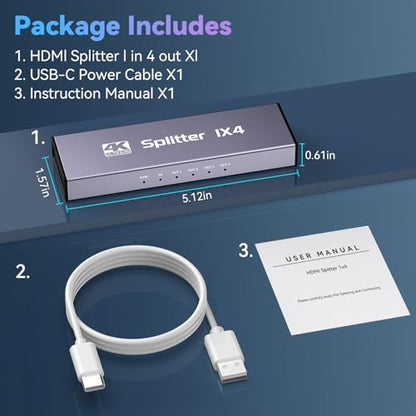 HDMI Splitter 1 in 4 Out, 4K@30Hz HDMI Splitter 1x4 Support 3D 1080P Full HD Compatible with PS5/4/3 Xbox Nintendo Roku HDTV Fire Stick Blu-ray - Silver (Only Mirrors Screens) - color: 1x4 4K@30Hz