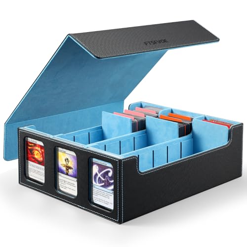 Trading Card Storage Box, Bulk Card Storage for 2400+ Sleeved Cards | 3-Row Card Organizer box, PU leather removable magnetic lid, 24 dividers and 3 Stoppers, Fit for MTG, TCG and Sports Cards - color: Black&Wathet, size: 2400+
