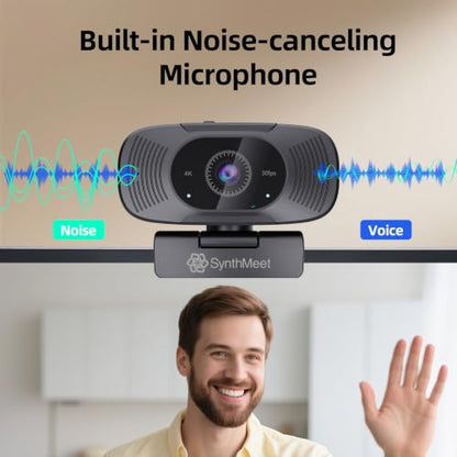 4K Webcam for PC, 1080P@60FPS, 4K Camera with Noise-reducing Microphone, 92°FOV, 8MP USB Webcam Plug and Play, Privacy Cover, Works Perfect for Meeting Platform Zoom/Teams/Skype/Google Meet