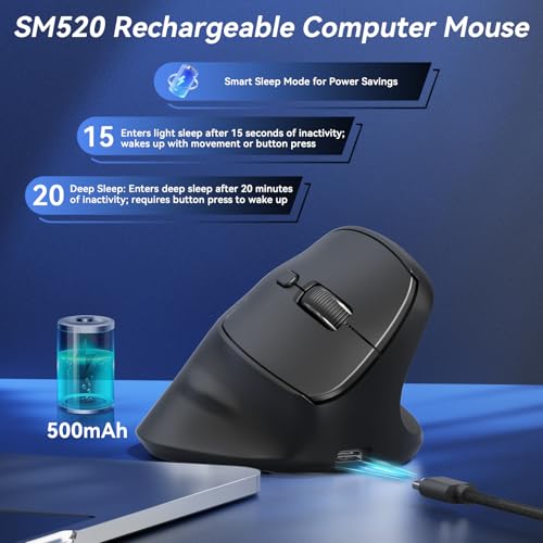 SOLAKAKA SM520 Ergonomic Wireless Mouse with 24,000 DPI, Black | BT5.0/2.4GHz/USB-C, Comfortable Vertical Design, Rechargeable Battery, Programmable Side Button, for Desktop, PC, Laptop - color: black