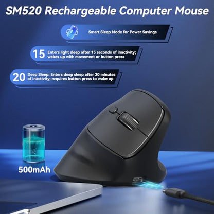 SOLAKAKA SM520 Ergonomic Wireless Mouse with 24,000 DPI, Black | BT5.0/2.4GHz/USB-C, Comfortable Vertical Design, Rechargeable Battery, Programmable Side Button, for Desktop, PC, Laptop - color: black