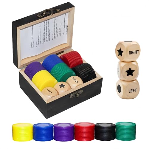 Left Right Roll Dice Game Set - 3 Wood Dice & 72 Plastic Chips | Wooden Box, Portable Travel Party Game, For Family, Friends, Adults - Black - color: Black