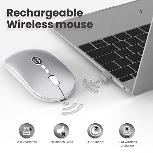 MAGIC-REFINER X1 Wireless Computer Mouse with Battery Level Visible, Silver | 2.4G Portable, Ultra Slim USB Mouse, Silent Click, 1600 DPI for Win/Mac/PC/Laptop/Computer/Office/Travel - color: Silver