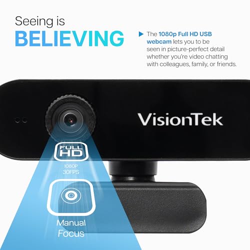 VisionTek VTWC30 Full HD 1080P 30FPS USB-A Webcam with Microphone | Plug & Play, 1080p Webcam w/ Microphone, Privacy Cover, Manual Focus, Driverless for Zoom, Teams, Laptop & PC - style: VTWC30