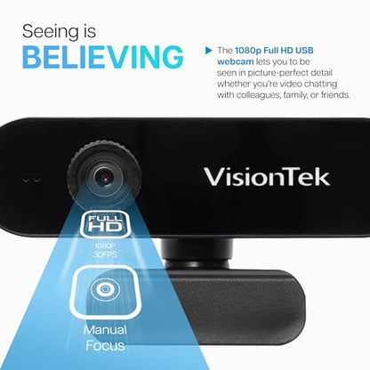 VisionTek VTWC30 Full HD 1080P 30FPS USB-A Webcam with Microphone | Plug & Play, 1080p Webcam w/ Microphone, Privacy Cover, Manual Focus, Driverless for Zoom, Teams, Laptop & PC - style: VTWC30