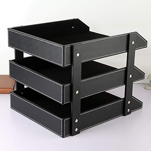 Leather Desk File Organizer, 3-Layer Stackable Tray, Used to Store documents, folders, Stationery, Magazines, Newspapers, Letters, and Other Home Office Sundries Desktop Organization Holder(Black)… - color: Black