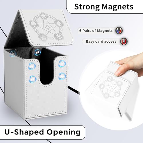 Card Deck Box with 2 Dividers, MTG Commander Deck Box Holds 100+ Double-Sleeved Cards, Leather Magnetic Deck Case Compatible with Magic TCG CCG Cards, White - color: 2. White, size: 100 Double-sleeved Cards Vertical