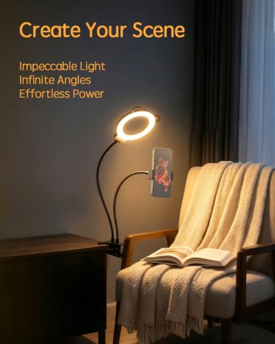 Desk Lamp, Ring Light for Laptop Desk Clip On, LED Reading Light with Clamp, Silicone Flexible Arm Book Light, Video Conference Lighting with Stand for Phone/Zoom Meeting/Video Call/Recording