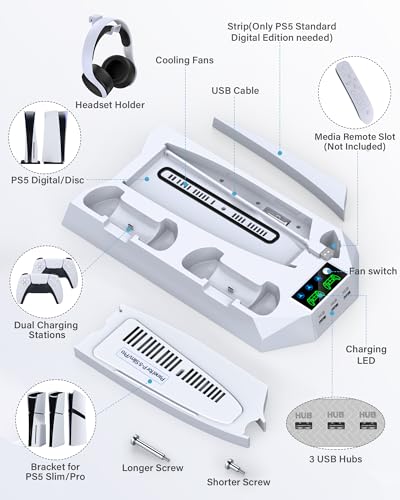 PS5/PS5 Slim/PS5 Pro Stand and Cooling Station with Dual Controller Charging Station for PlayStation 5 Console, PS5 Accessories Incl. Controller Charger, Cooling Fan, Headset Holder, 3 USB Hub, White - color: White