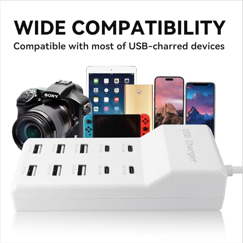 USB Power Strip Charging Station, 10-Port 6A+4C Multi Charger Block | 50W 10A Total Output, Auto-Detect Tech, Compatible with iPhone, Samsung, iPad Multi Device Home Office Travel Use