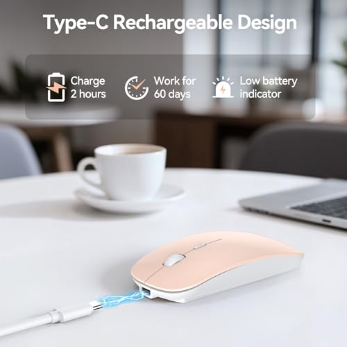 TECKNET Wireless Mouse, 4800 DPI Rechargeable Bluetooth Mouse for Laptop | Bluetooth 5.2/3.0 & 2.4G, Ultra-Thin, 6-Level Adjustable 4800 DPI Computer Mouse for Mac OS, iPad, Windows, Android - color: pink