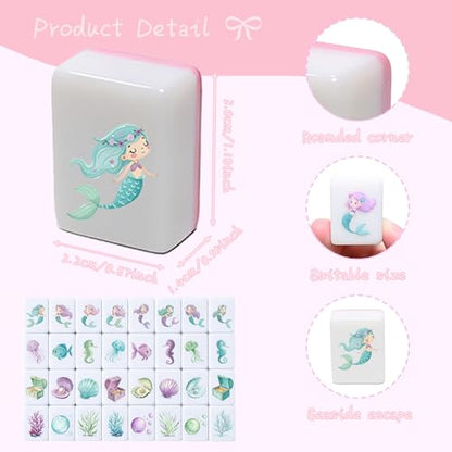 G.R.I Mermaid Themed Mahjong Block Set, 128 Pieces Seaside Escape Tile Game for 4 Players with Storage Bag and Crystal Dice, Portable Birthday Party Game