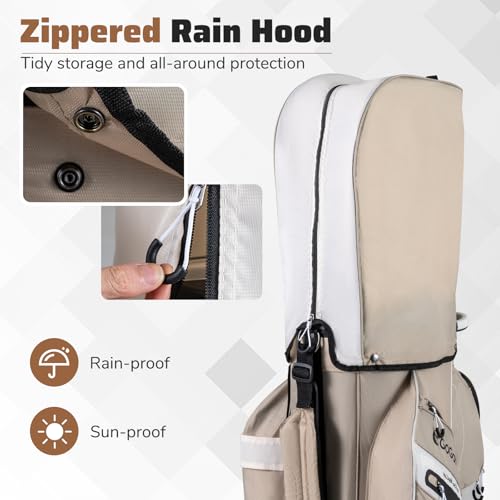 Goplus Lightweight Golf Cart Bag, Molded Lock Top Golf Club Bag w/14-Way Full Length Organizer Dividers, 11 Pockets, Cooler Bag, Straps, Umbrella Holder & Rain Hood for Men Women - color: Khaki+White