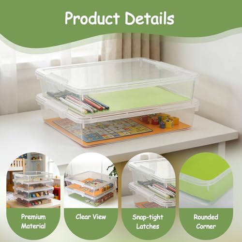 4 Pack Board Game Storage, Large Plastic Storage Bins with Latching Lid (14x13.5x3.15 in), Stackable Paper Storage Box for 12x12 Paper, Board Game, Art Supply, Puzzle, Documents