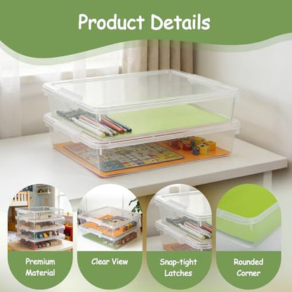 4 Pack Board Game Storage, Large Plastic Storage Bins with Latching Lid (14x13.5x3.15 in), Stackable Paper Storage Box for 12x12 Paper, Board Game, Art Supply, Puzzle, Documents