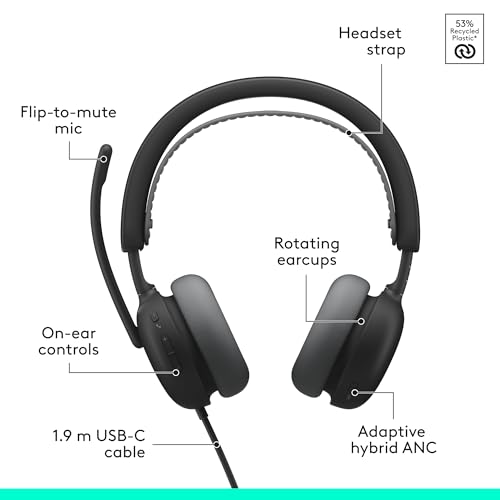 Logitech Zone Wired 2 Noise Canceling Headset with Adaptive Hybrid - Black | Noise-canceling, adaptive hybrid ANC, wired connectivity - color: Black, style: Wired