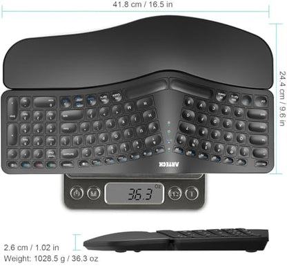 Arteck Ergonomic Keyboard with Cushioned Wrist Palm Rest, Multi-Device Wireless Bluetooth with USB-A USB-C Receiver Comfortable Ergonomic Split Keyboard, for Windows Computer Laptop PC Tablet