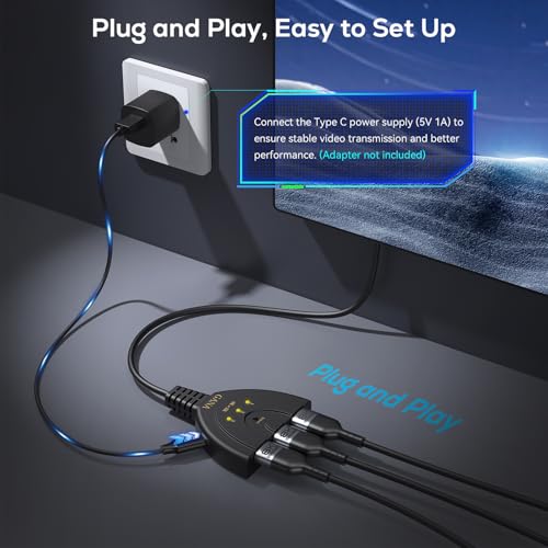 HDMI Switch, GANA 4K HDMI Splitter 3 in 1 Out, 3-Port Switcher Selector with Pigtail HDMI Cable,Supports Full HD 4K 30Hz 1080P 3D Player, Compatible with PS4/3, Xbox, Fire Stick, Roku, PC,TV