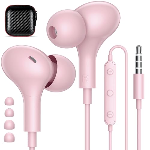 APETOO Wired Earbuds in-Ear Headphones 3.5mm Jack for Laptop/School Pink | Noise Isolation Small Earphones, Corded Plug-in Ear Buds Mic Volume Control for iPhone/Samsung/Android/PC/Gaming Console/Kids - color: Rose-Pink