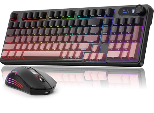 BlueFinger Wireless Gaming Keyboard and Mouse Combo, RGB Backlit, Tri-Mode Bluetooth/2.4G/USB-C Wired, 98 Keys Quiet Keyboard with Number Pad, Volume Knob & Screen, 4800 DPI Mouse for PC/Mac/Laptop - style: Wireless Keyboard & Mouse