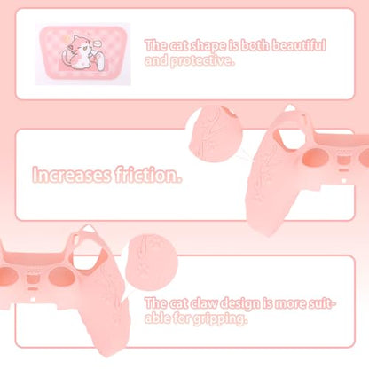 Pink Controller Skin Set for PS5, Cute Cat Paw Anti-Slip Silicone Cover Case for PS5 Wireless Controller Accessories Protective Shell with Thumb Grips & Touchpad Sticker, Girls Gamer Gifts